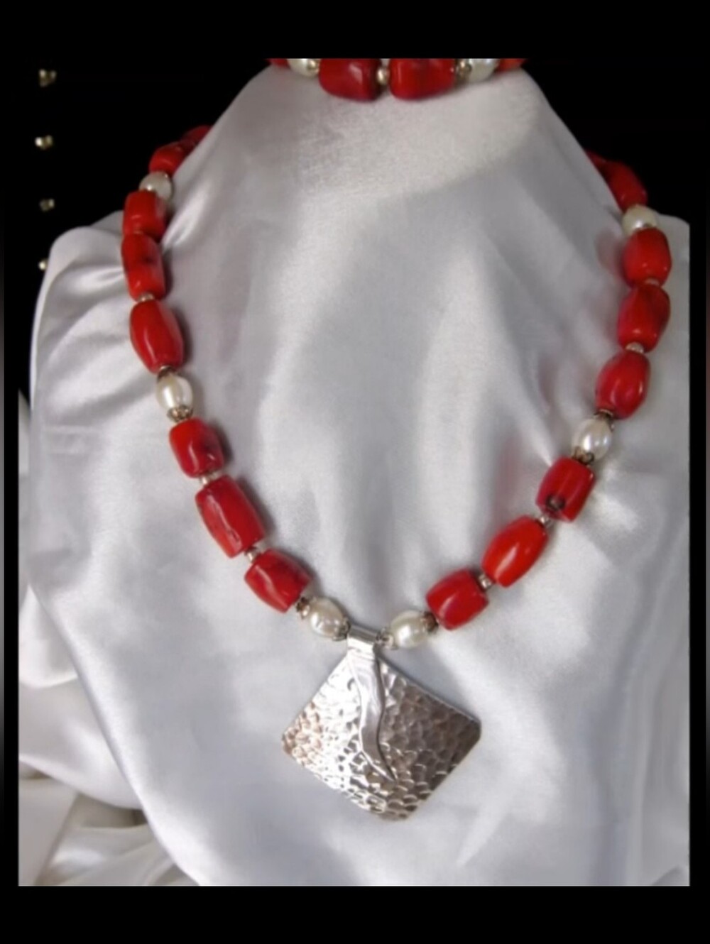 Handcrafted Red Coral/FW Pearls/Bali SS/Hill Tribes Silver Pendant Nrcklace